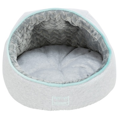 Cama para animais cinza claro acolchoada com interior em tecido em padrão acolchoado cinza escuro e detalhes verde água