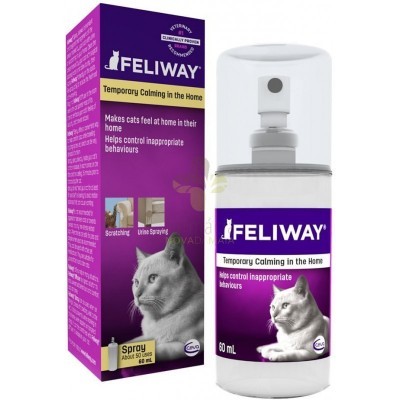 Produto Feliway spray para gatos com embalagem roxa e frasco branco