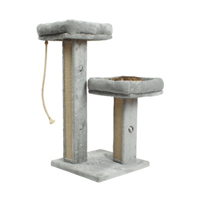 Arranhador para gatos cinza com duas plataformas e colunas de sisal