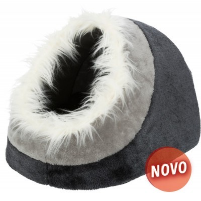 Cama para animais tipo caverna cinza com pelo branco e etiqueta 'NOVO'