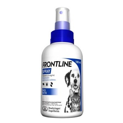 Frasco de spray branco FRONTLINE com tampa azul e imagens de cão e gato
