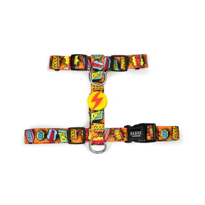 Peitoral colorido para cão com padrão de quadrinhos estilo pop art e fivela preta