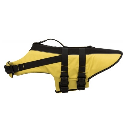 Colete para cão amarelo com tiras pretas sobre fundo branco