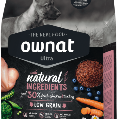Pacote Ownat Ultra ração para cães com ingredientes naturais e 30% frango e peru, baixo em cereais, com imagem de cão