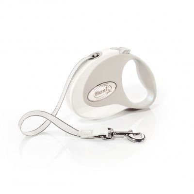 Trela retrátil branca para cão com cabo e gancho metálico