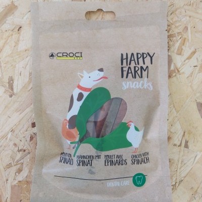 Embalagem de snacks para cães Happy Farm da Croci com ilustrações de cão, galinha e folhas verdes
