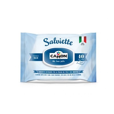 Embalagem azul e branca de toalhetes para animais Camon, 40 unidades, fragrância talco