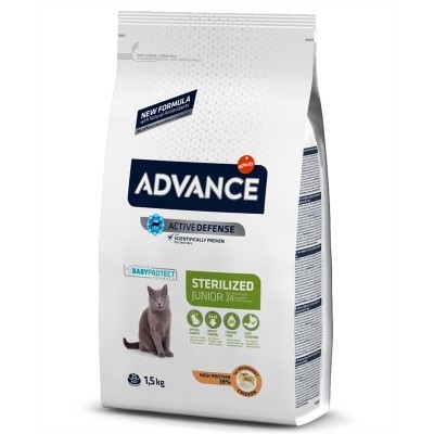 Embalagem branca de ração para gatos ADVANCE Sterilized Junior 1,5 kg com imagem de gato cinzento