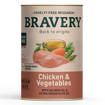 Lata de patê para animais BRAVERY de frango e vegetais com óleo de salmão e azeite