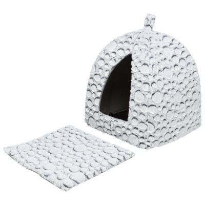 Casa para animais cinzenta com padrão circular e almofada removível