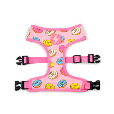 Arnês para cão rosa com estampa de donuts coloridos e fitas ajustáveis