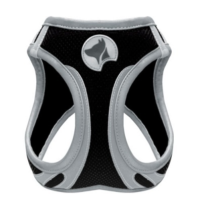 Peitoral para cão preto com bordas cinzentas e logo de lobo