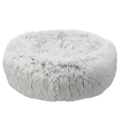 Cama redonda cinzenta para animais com tecido felpudo