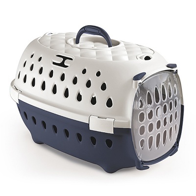 Transportadora para animais branca e azul escuro com porta transparente