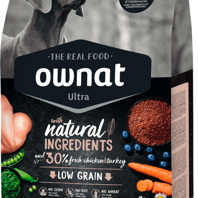 Pacote de ração Ownat Ultra para cães com ingredientes naturais e 30% de frango e peru frescos