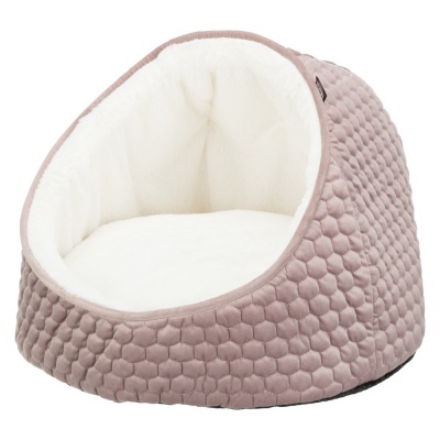 Cama para animais tipo iglu rosa texturizada com interior branco acolhedor