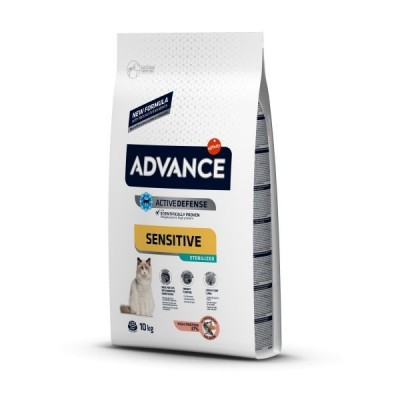Saco branco de ração para gato Advance Sensitive de 10 kg, com design em azul e amarelo