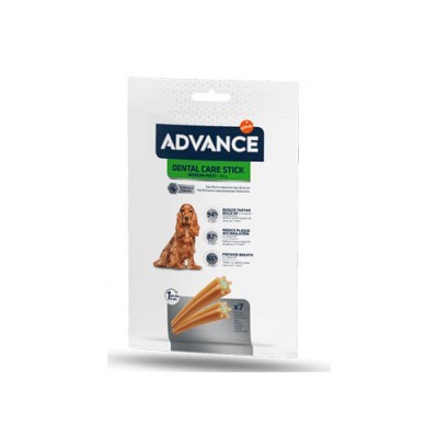 Embalagem branca ADVANCE Dental Care Stick para cães com imagem de cão castanho e sticks dentários.