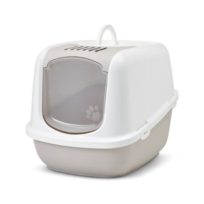 Sanita fechada para gatos em plástico cinza e branco com porta transparente