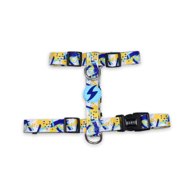 Peitoral para cão colorido com padrão azul e amarelo