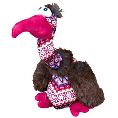 Peluche de abutre com bico cor-de-rosa e padrão geométrico