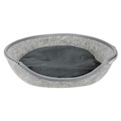 Cama oval para animais em tecido cinzento com almofada interior escura