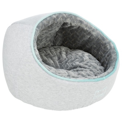 Cama para animais cinza claro e cinza escuro com padrão acolchoado e borda azul claro