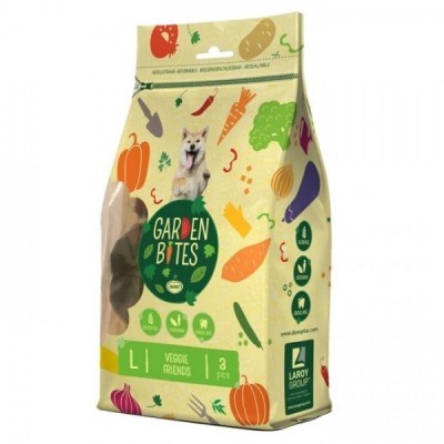 Embalagem de snacks para cães Garden Bites Veggie Friends com ilustrações de legumes e imagem de cachorro