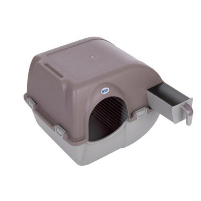 Casa de gato ou caixa de areia fechada em plástico castanho e cinza com gaveta lateral