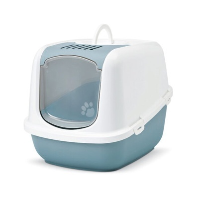 Casa de banho para gatos em plástico azul claro e branco com porta transparente e pega