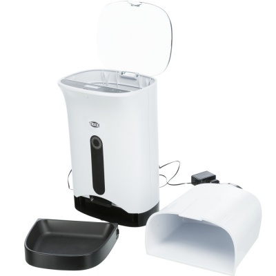 Dispenser automático branco com visor preto e tampa transparente aberta