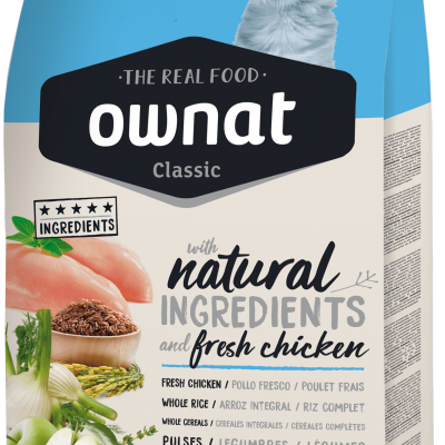 Saco de ração Ownat Classic Kitten para gatos com imagem de gato e ingredientes naturais
