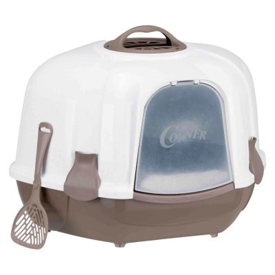 Caixa de transporte para gatos branca e castanha com porta transparente e peneira de limpeza