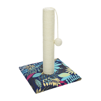 Arranhador de gato com base quadrada azul floral e poste com corda bege e bola