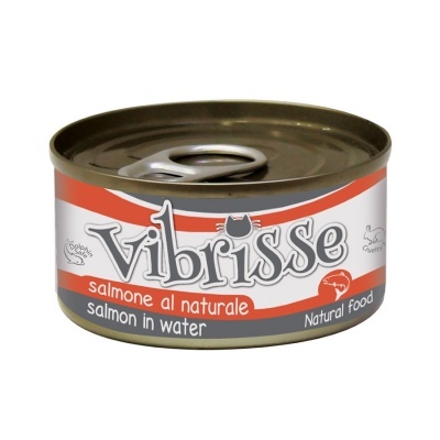 Lata de comida para gatos Vibrisse com rótulo branco e vermelho