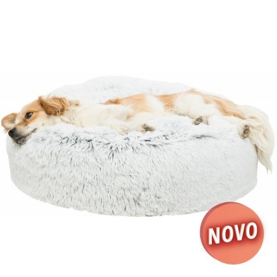 Cama redonda cinzenta para cães com cão deitado e selo NOVO