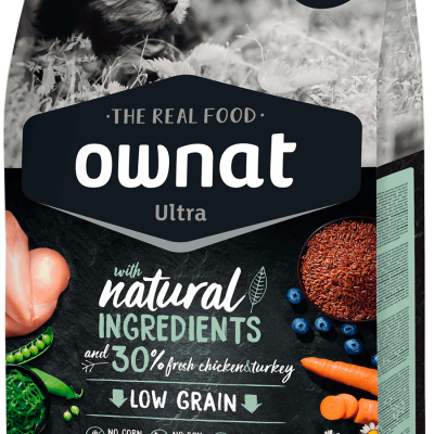 Saco de ração Ownat Ultra Mini Junior com ingredientes naturais e imagem de cão