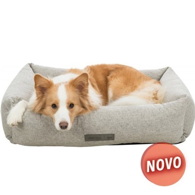Cama para cães cinza claro com cão castanho e branco deitado e selo NOVO