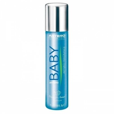 Frasco azul de spray BABY com tampa prateada em fundo branco