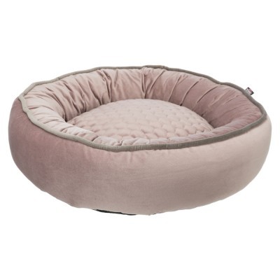 Cama redonda rosa para animais com borda cinzenta e interior acolchoado