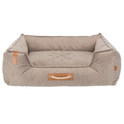 Cama para animais de estimação castanha com almofada e pega de corda