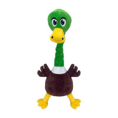 Peluche de pato verde e castanho com bico e patas amarelas