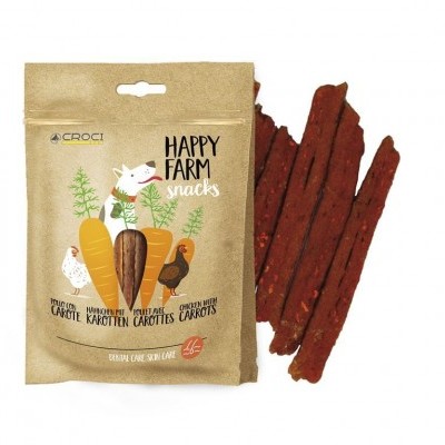 Pacote de snacks para animais HAPPY FARM e snacks castanho avermelhados ao lado