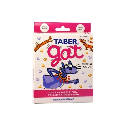 Colar antiparasitário para gatos, embalagem com ilustrações e texto