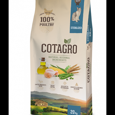 Saco de ração COTAGRO 20kg para gatos esterilizados com ingredientes naturais regionais e proteína 100% de aves.