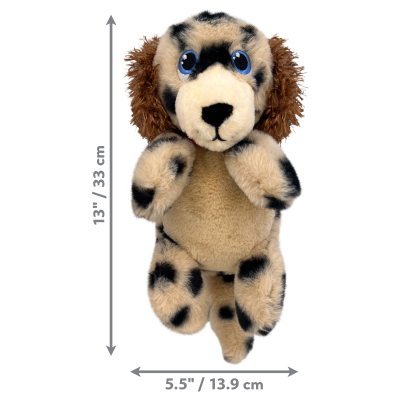 pelúcia de cão bege com manchas pretas e orelhas castanhas