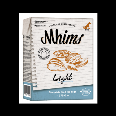 Pacote de comida para cães Mhims Light com design tipo folha de caderno e ilustração de marisco e croissant