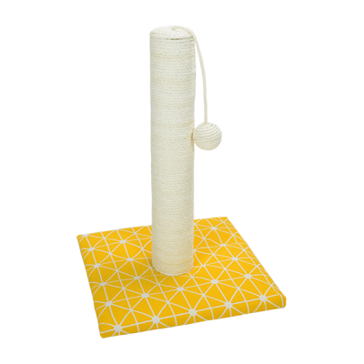 Arranhador para gatos com base almofadada amarela e poste de sisal com bola suspensa
