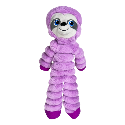 Pelúcia de preguiça lilás com corpo segmentado e rosto sorridente