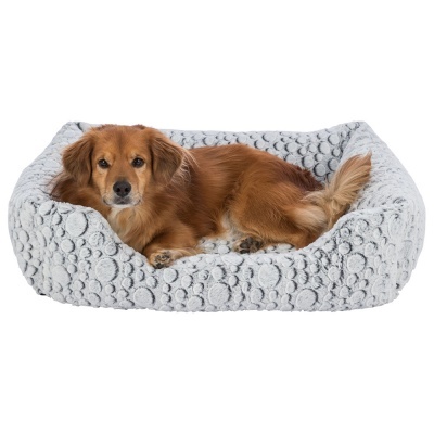 Cão castanho deitado numa cama cinzenta macia com padrão de bolas em relevo